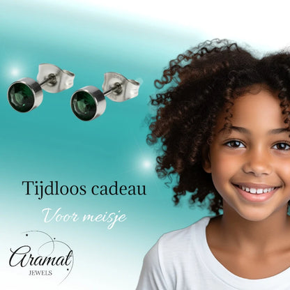 Boucles d'oreilles puces – Acier Cristal Vert foncé Argent (5 mm) 