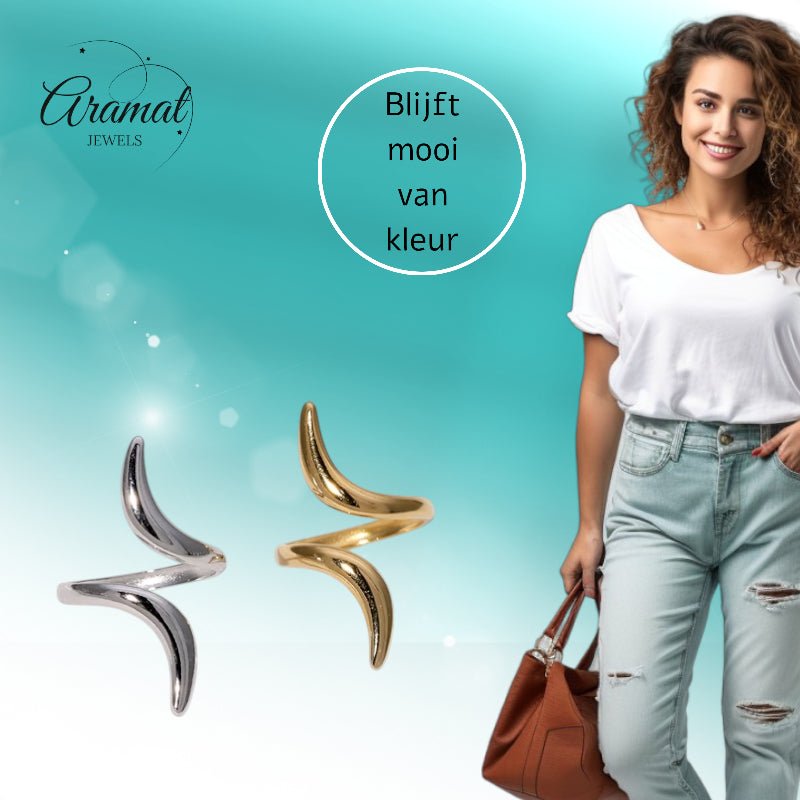 Grote Brede One Size Ring RVS met Lijnen Design (32 mm) - Aramat Jewels - Ringen - cadeautip