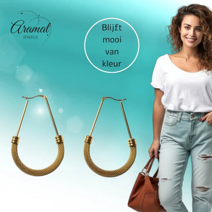 Grote Ovale Oorringen Goudkleurig RVS met Mesh Schakel (58 mm) - Aramat Jewels - Oorringen - cadeautip
