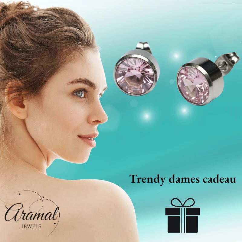 Stud Earrings – Steel Crystal Pink Silver Color (10mm) 