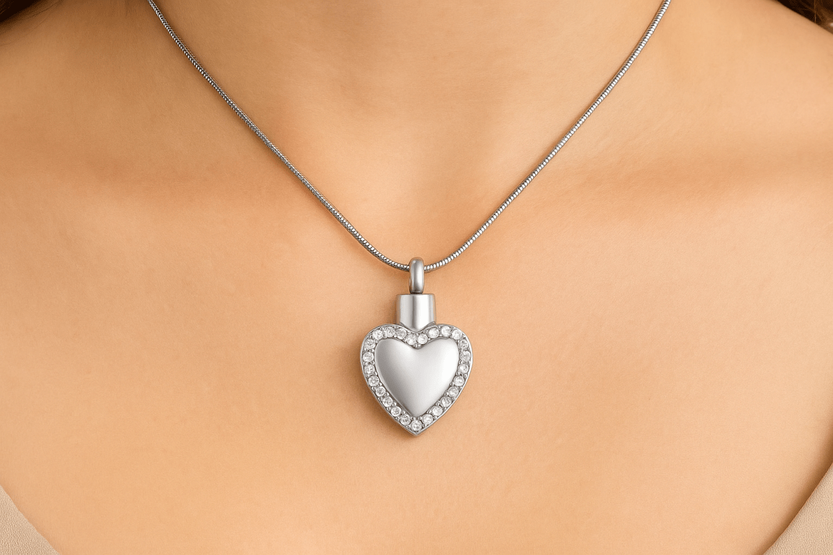 Zilveren hartvormige ashanger met diamanten rand, 33x20mm, gedragen op vrouwenhals met zilveren slangenketting. Luxe gedenksieraad voor asresten, rouwsieraad in hartvorm met kristallen.