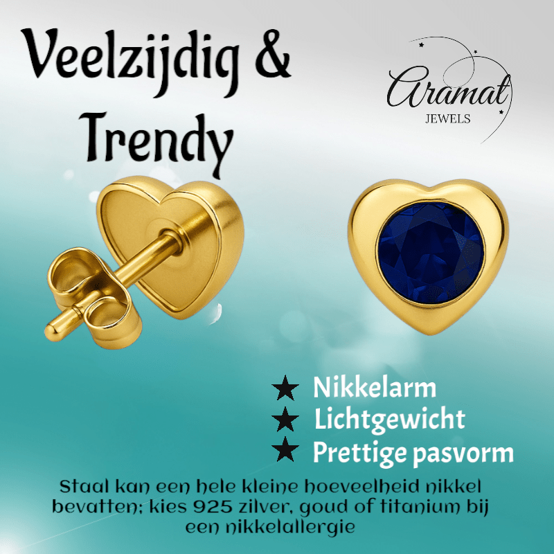 Hartjes Oorbellen met Blauwe Zirkonia - goudkleurig RVS - oor2794 - XE71684 - Oorbellen kopen# - 8mm - alles - blauw