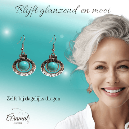 Hippe Bohemien Oorhangers met Turquoise Steen - oor6028 - Oorhangers kopen# - 50mm - alles - bali