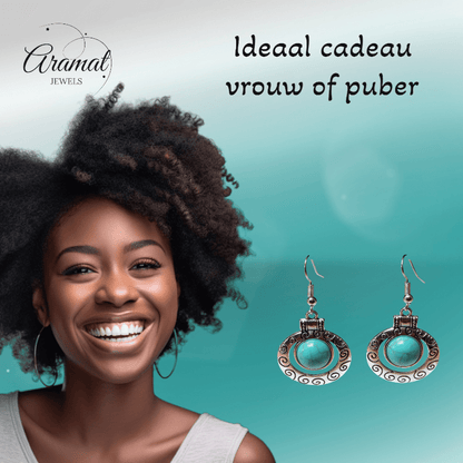 Hippe Bohemien Oorhangers met Turquoise Steen - oor6028 - Oorhangers kopen# - 50mm - alles - bali