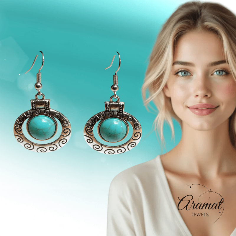 Hippe Bohemien Oorhangers met Turquoise Steen - oor6028 - Oorhangers kopen# - 50mm - alles - bali
