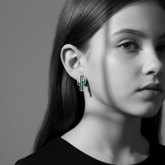 Aramat Jewels silver cactus stud earrings with green glitter enamel for children.