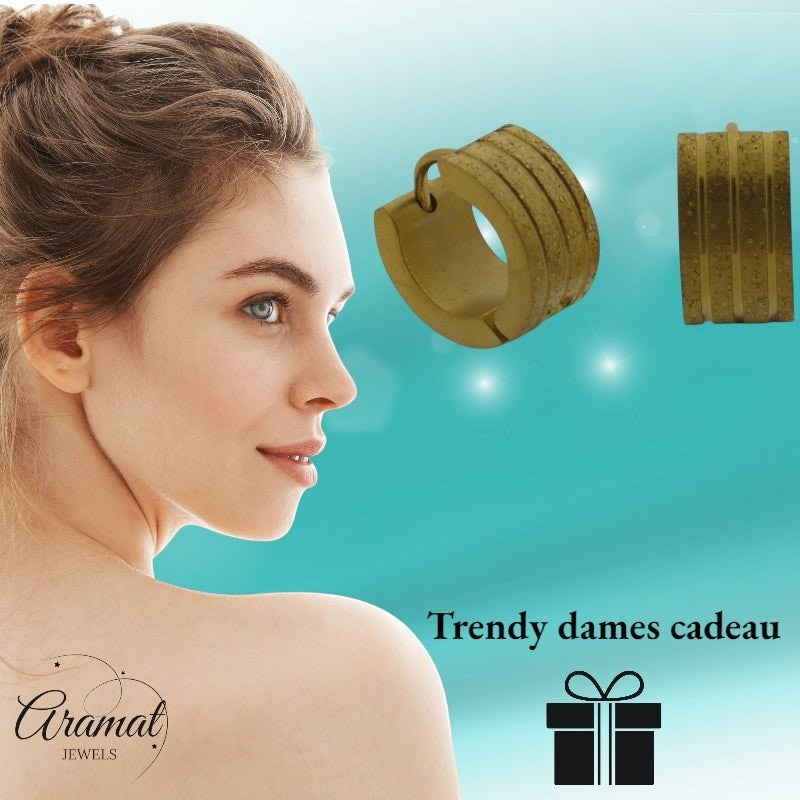 Huggies – Goudkleurig RVS Gediamanteerd met Sandblasted Streepjes - Aramat Jewels - Oorringen - cadeautip