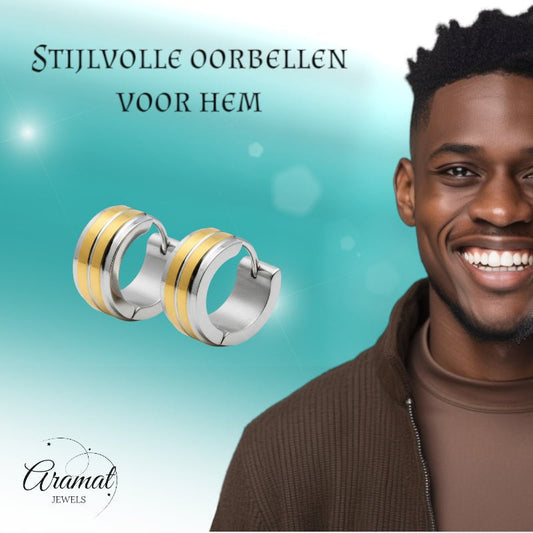 Huggies – RVS Bicolor met Dubbele Goudkleurige Streep (13mm) - Aramat Jewels - Oorringen - cadeautip