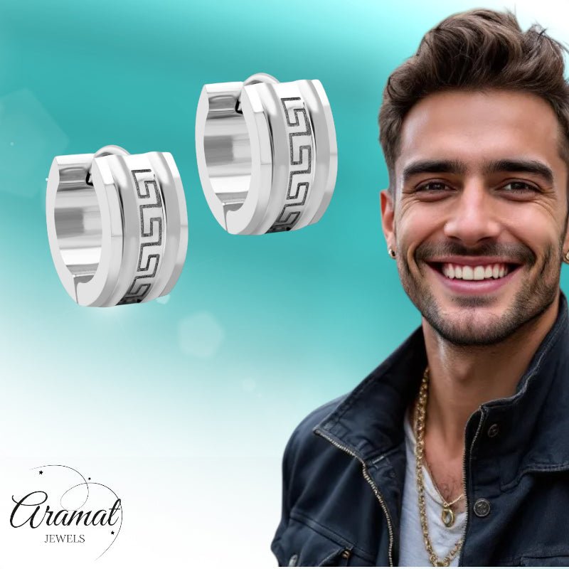 Huggies – RVS Zilverkleur met Grieks Design (13mm) - Aramat Jewels - Oorringen - cadeautip