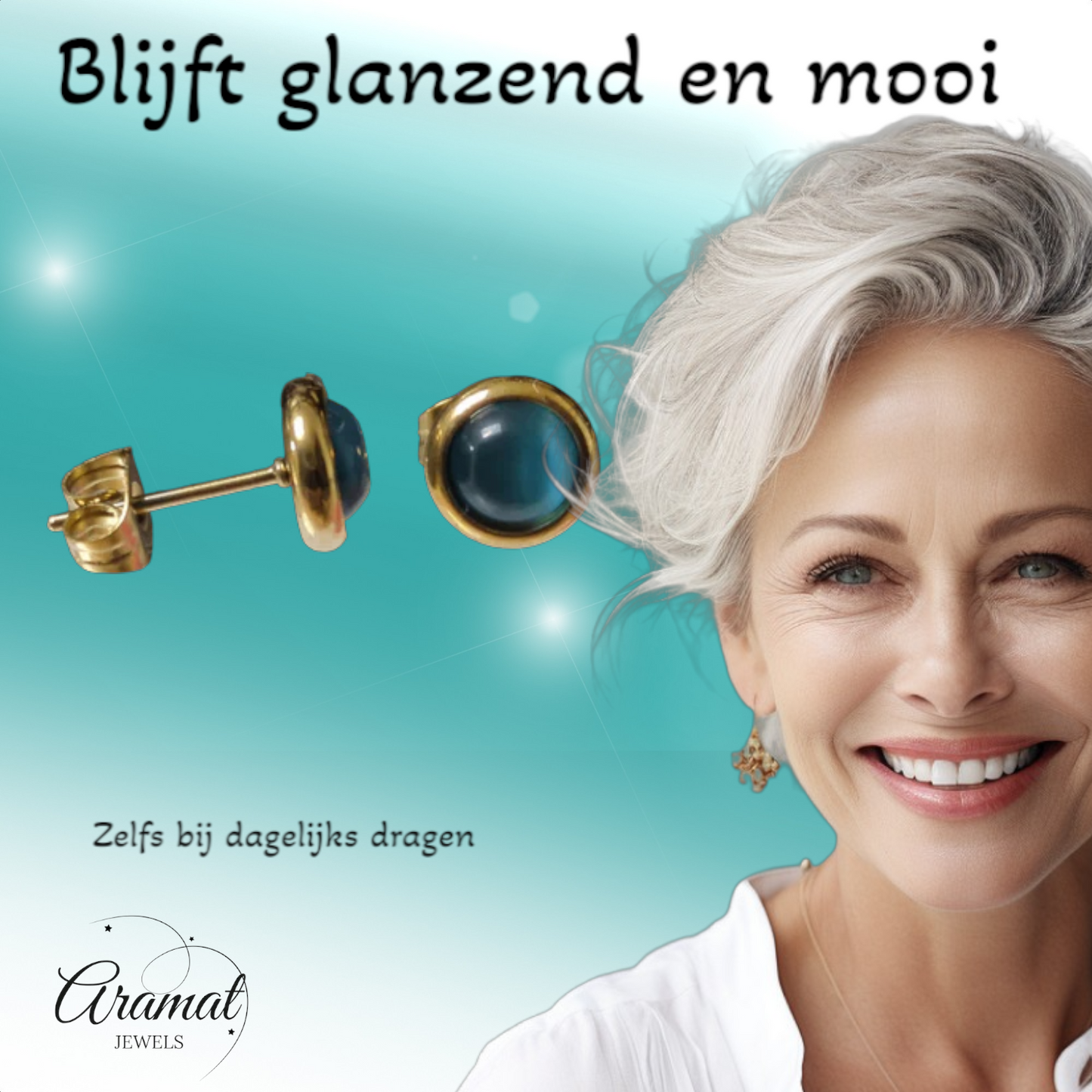 Boucles d'oreilles œil de chat 8 mm - Bleues - Couleur or