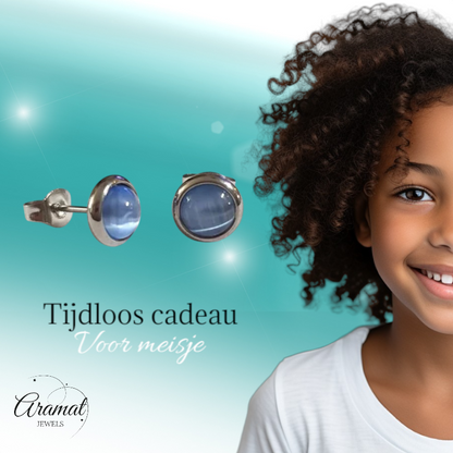 Boucles d'oreilles œil-de-chat en acier 8 mm – Bleu clair