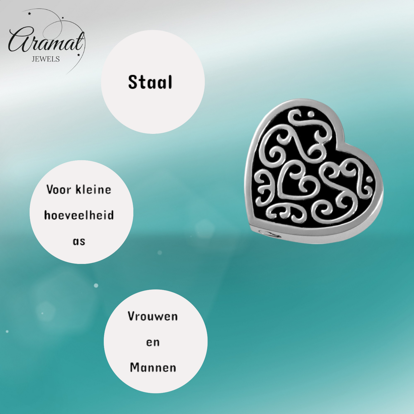 Decorated steel ash heart black enamel 2cm