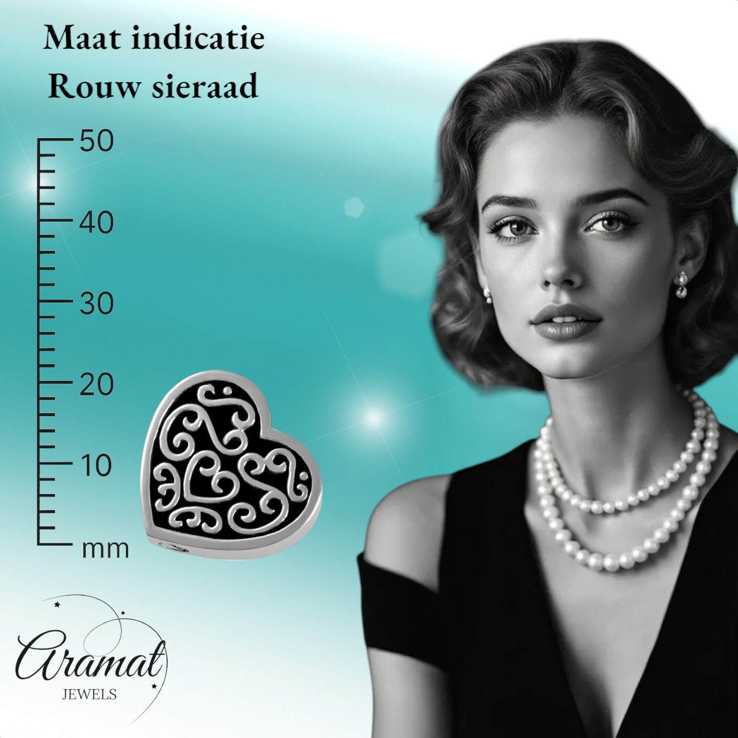 Decorated steel ash heart black enamel 2cm