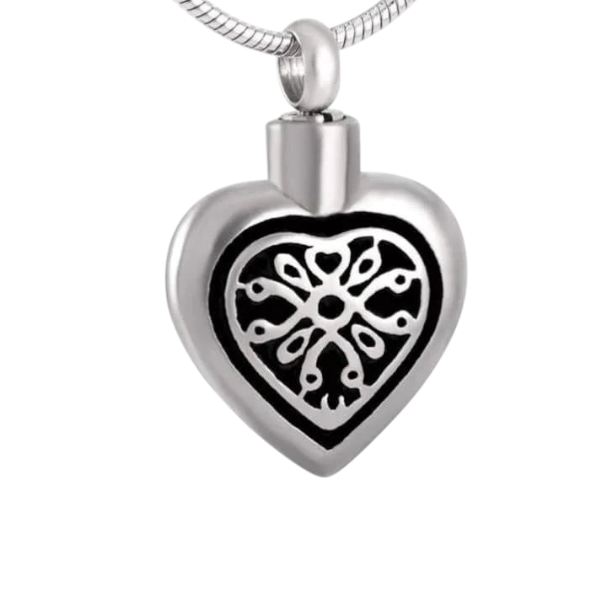 Elegant Celtic ash heart made of steel with black enamel
