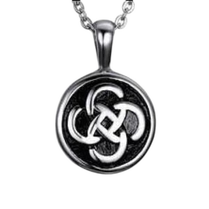 Celtic round ash pendant steel with black knot