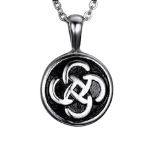 Celtic round ash pendant steel with black knot
