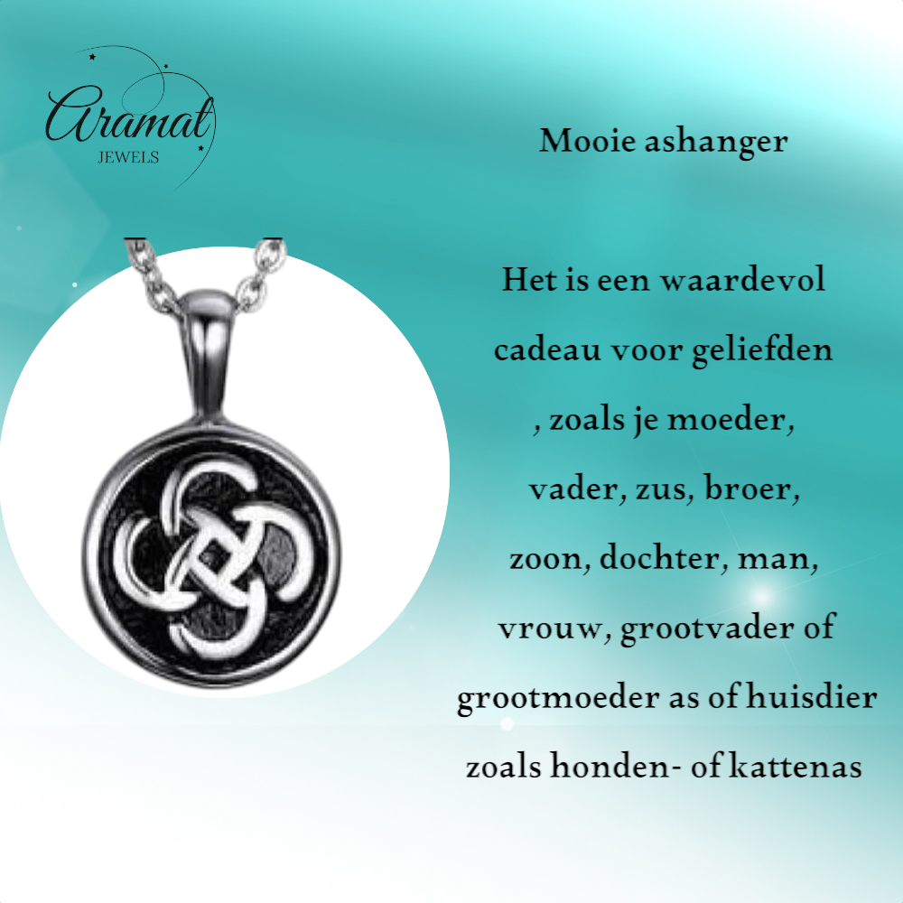 Celtic round ash pendant steel with black knot