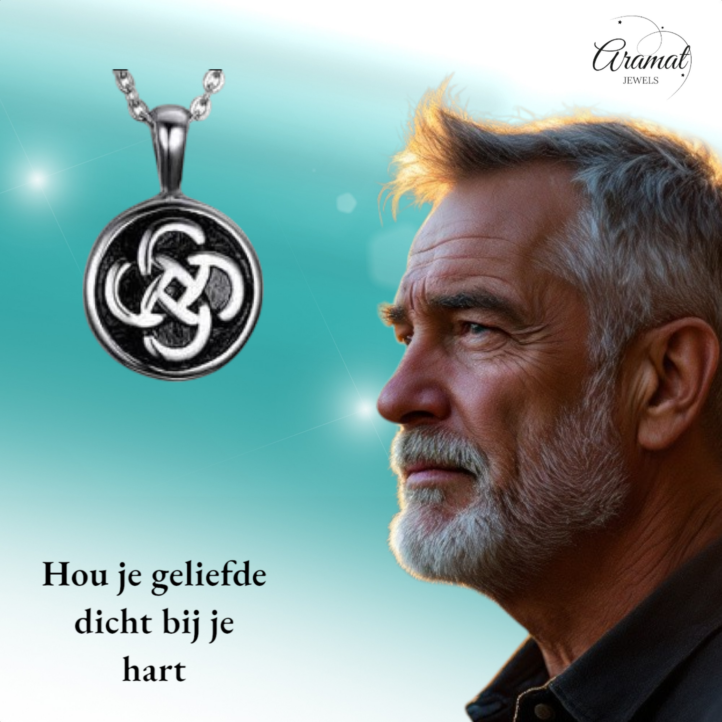 Celtic round ash pendant steel with black knot