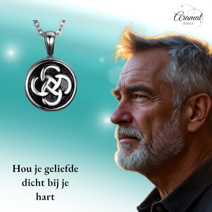 Celtic round ash pendant steel with black knot