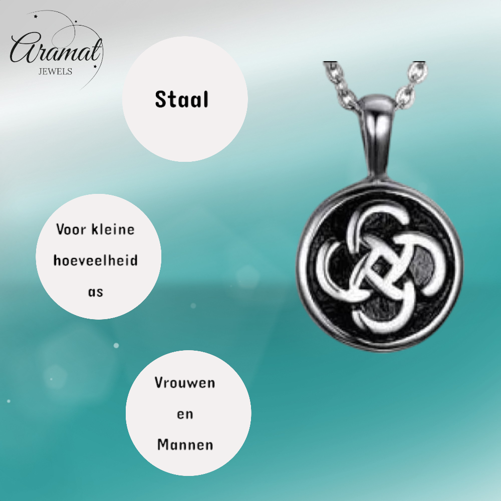 Celtic round ash pendant steel with black knot