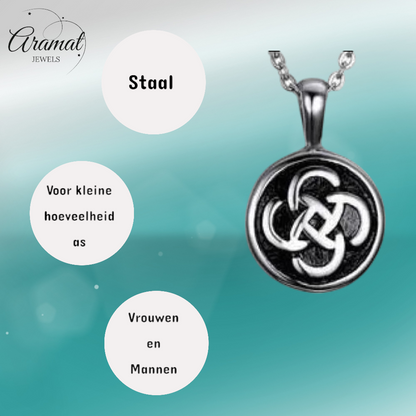 Celtic round ash pendant steel with black knot