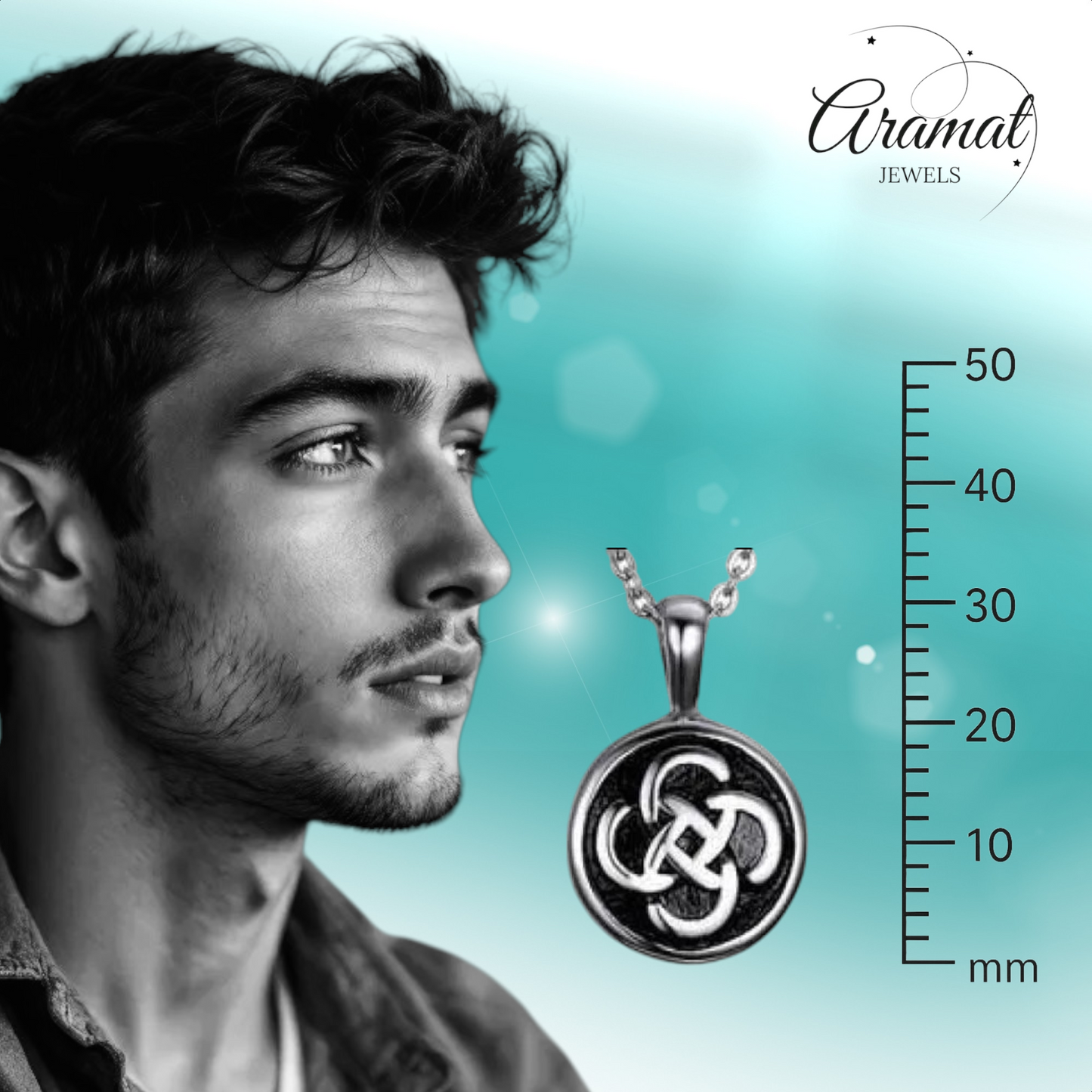 Celtic round ash pendant steel with black knot