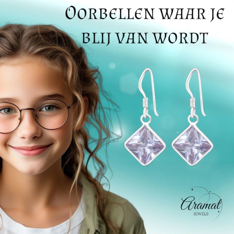 Kinder Oorhangers Lila 925 Zilver – Vierkant Steentje - oor5322 - 444 - Oorhangers kopen# - 18mm - 925 Zilver - alles