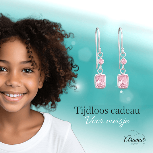 Kinder Oorhangers Roze Zirkonia - 925 Zilver - oor2465 - 27701 - Oorhangers kopen# - 25mm - 925 Zilver - alles