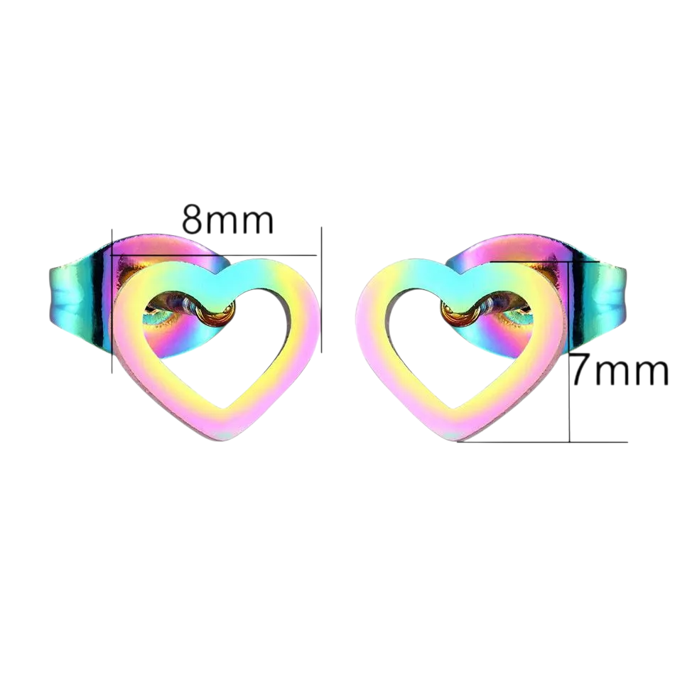 Boucles d'oreilles puces cœur arc-en-ciel en acier inoxydable – 8 x 7 mm, modèle unique