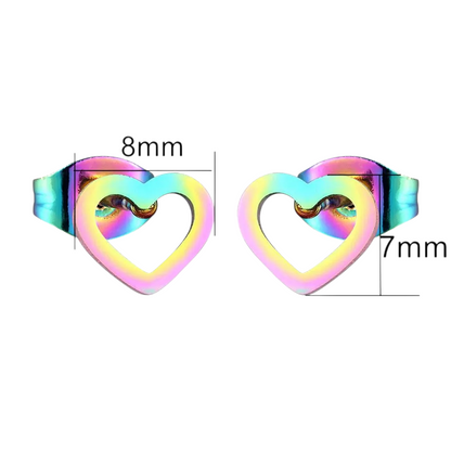 Boucles d'oreilles puces cœur arc-en-ciel en acier inoxydable – 8 x 7 mm, modèle unique
