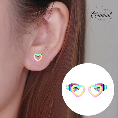 Boucles d'oreilles puces cœur arc-en-ciel en acier inoxydable – 8 x 7 mm, modèle unique
