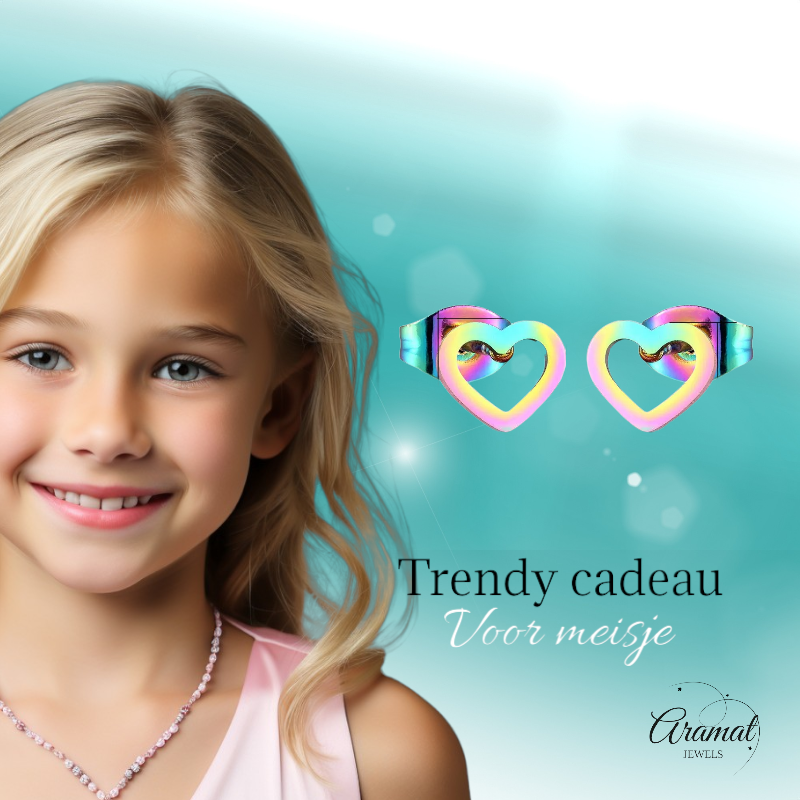 Boucles d'oreilles puces cœur arc-en-ciel en acier inoxydable – 8 x 7 mm, modèle unique
