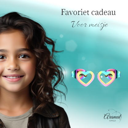 Boucles d'oreilles puces cœur arc-en-ciel en acier inoxydable – 8 x 7 mm, modèle unique