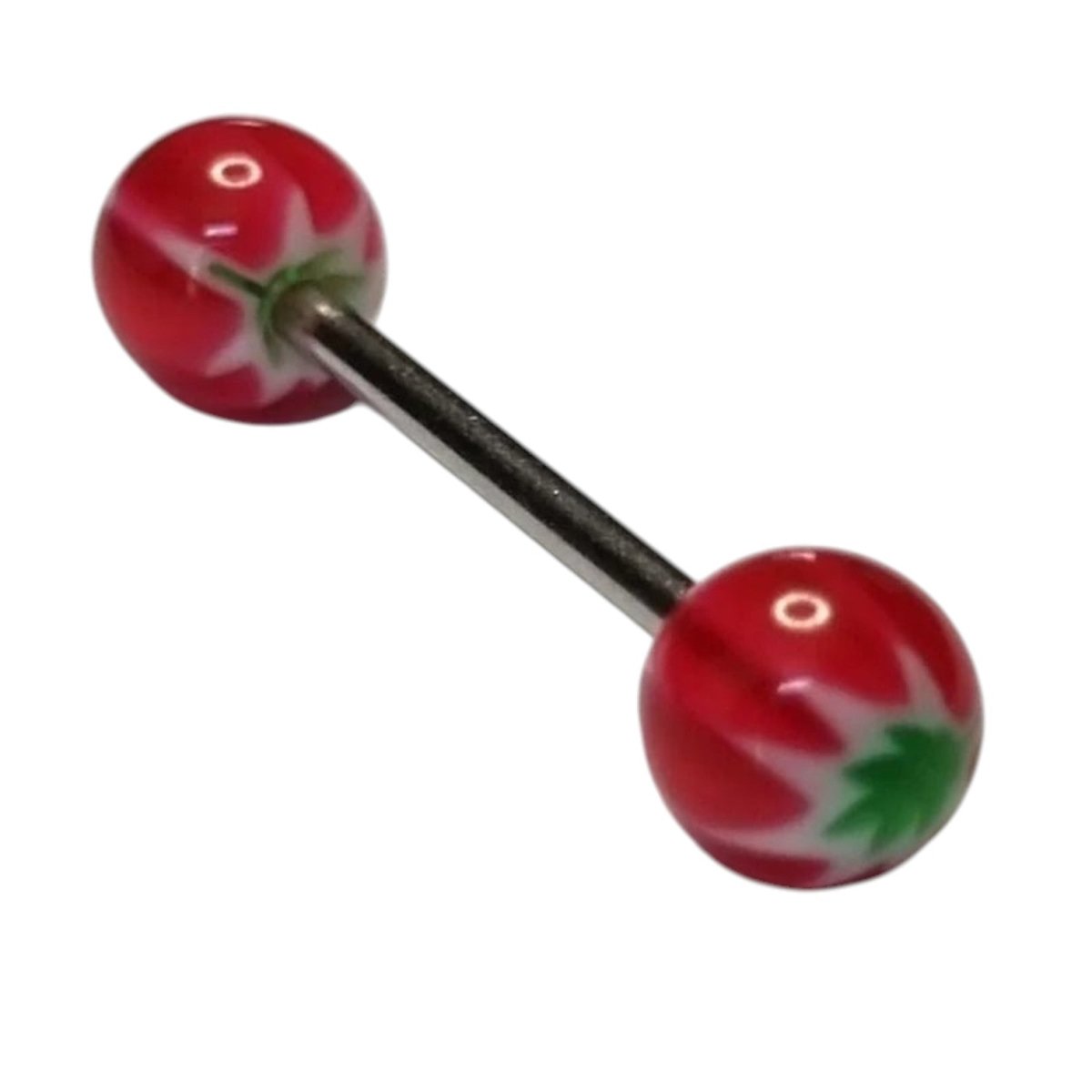 Een paar rode en groene ballen met een groen blad erop