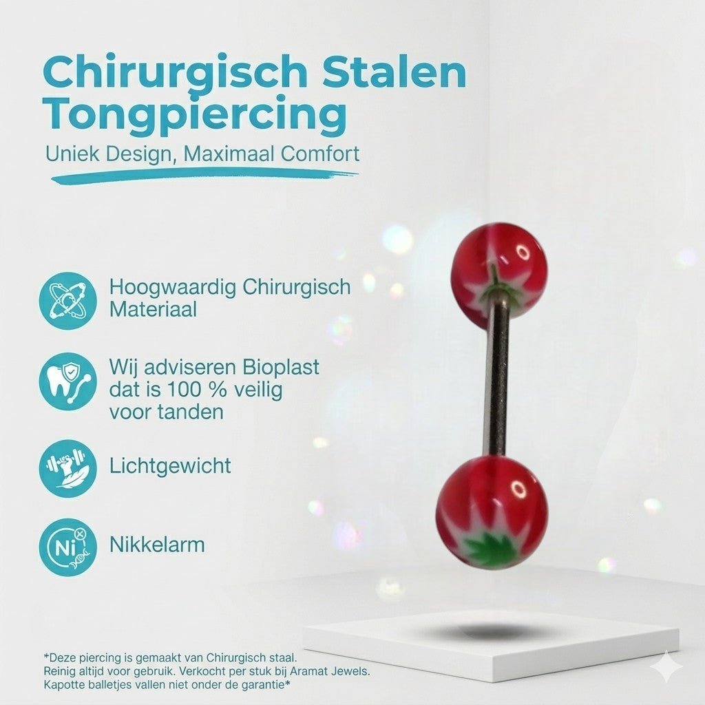 Aramat Jewels steel tongue piercing with a red, white, and green acrylic weed leaf design on the balls.