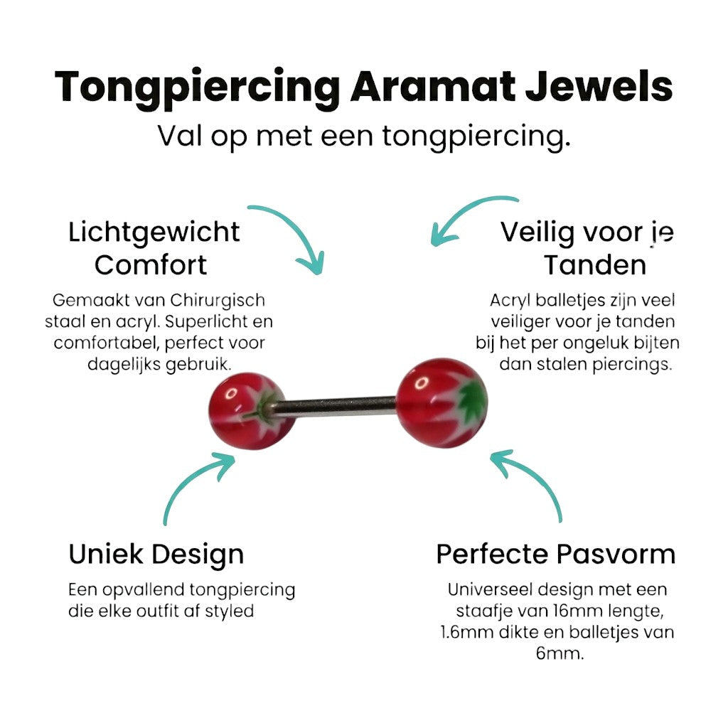 Aramat Jewels steel tongue piercing with a red, white, and green acrylic weed leaf design on the balls.