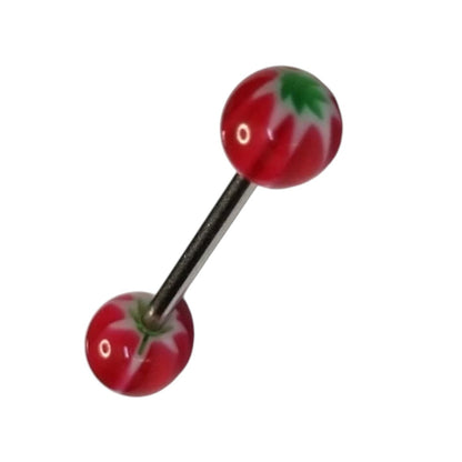 Aramat Jewels steel tongue piercing with a red, white, and green acrylic weed leaf design on the balls.