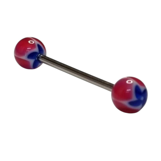 Een paar rode en blauwe ballen op een witte achtergrond