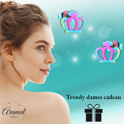 Colorful Stainless Steel Crown Earrings – Multicolor (9mm) 