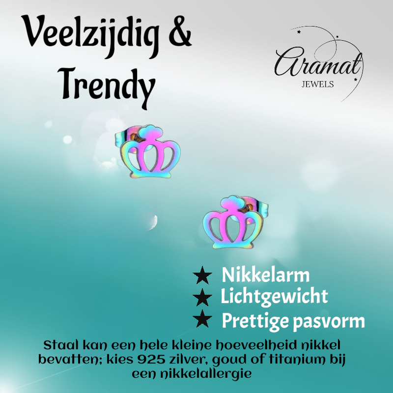 Colorful Stainless Steel Crown Earrings – Multicolor (9mm) 