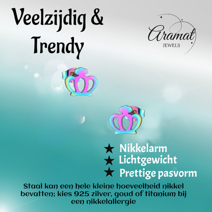 Colorful Stainless Steel Crown Earrings – Multicolor (9mm) 