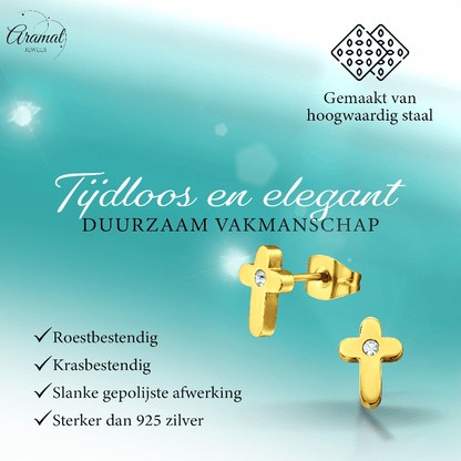 Kruis Oorbellen Goudkleur met Steentje 9x6mm - Aramat Jewels - Oorbellen - cadeautip