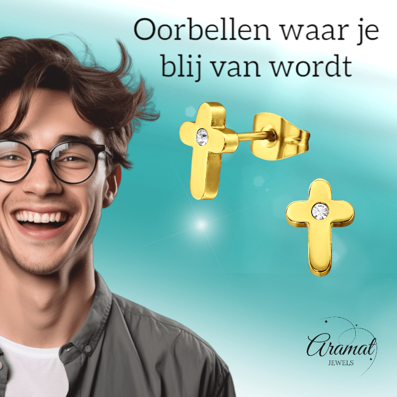 Kruis Oorbellen Goudkleur met Steentje 9x6mm - Aramat Jewels - Oorbellen - cadeautip