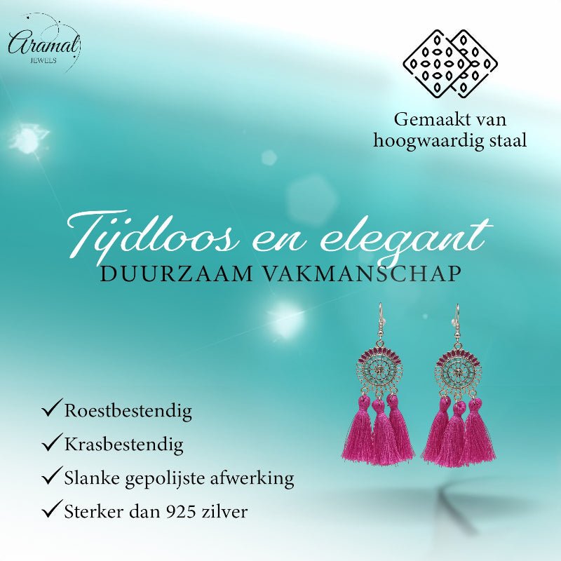Kwastjes oorhangers boho stijl paars - Aramat Jewels - Oorbellen - cadeautip