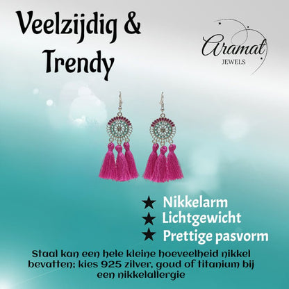 Kwastjes oorhangers boho stijl paars - Aramat Jewels - Oorbellen - cadeautip