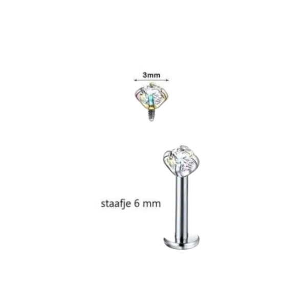 Tragus Helix Piercing Silver AB Zirconia 6mm 3mm