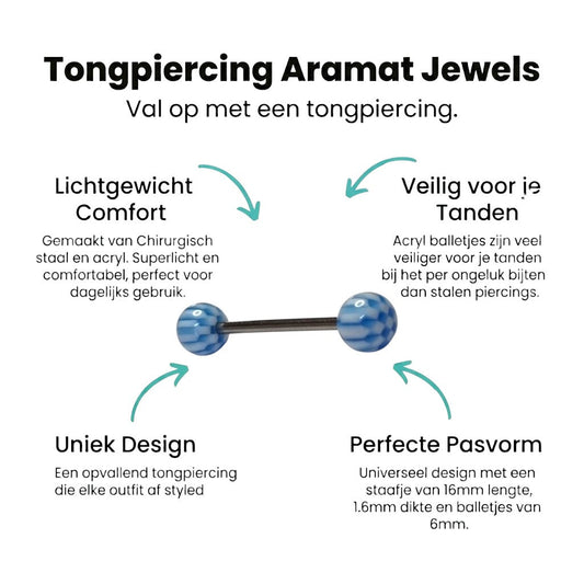 Aramat Jewels tongue piercing with white and light blue checkered acrylic balls on a silver-tone steel bar.