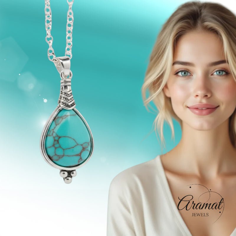 Lichtblauwe Boho Ketting met Druppelvormige Steen - Aramat Jewels - Halskettingen - cadeautip