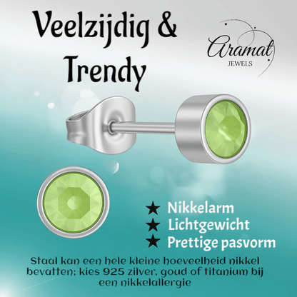 Lichtgroene kristal oorstekers – 5mm zilver RVS - Aramat Jewels - Oorbellen - cadeautip