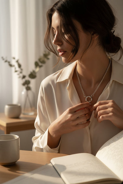 Silver-colored charm necklace with gourmet link